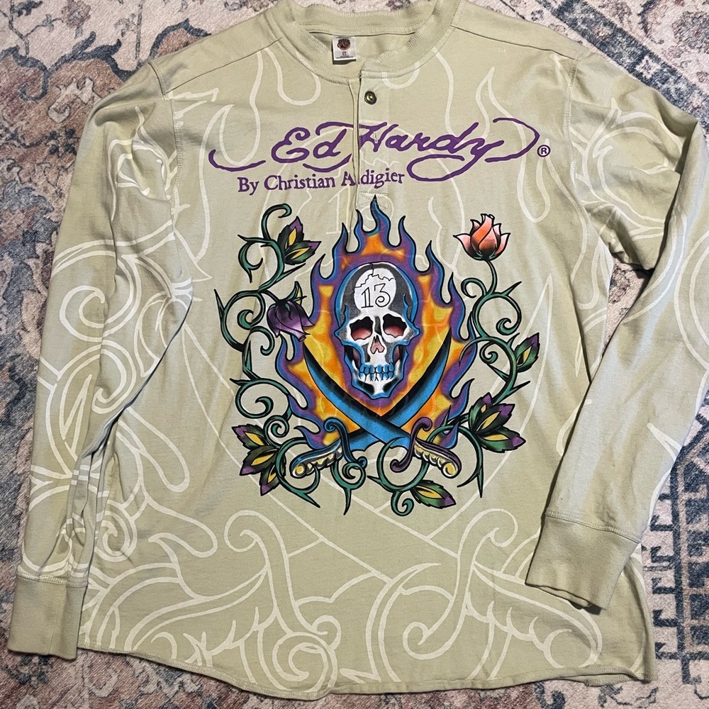 Ed Hardy Beige Long Sleeve with Skull and Floral Design